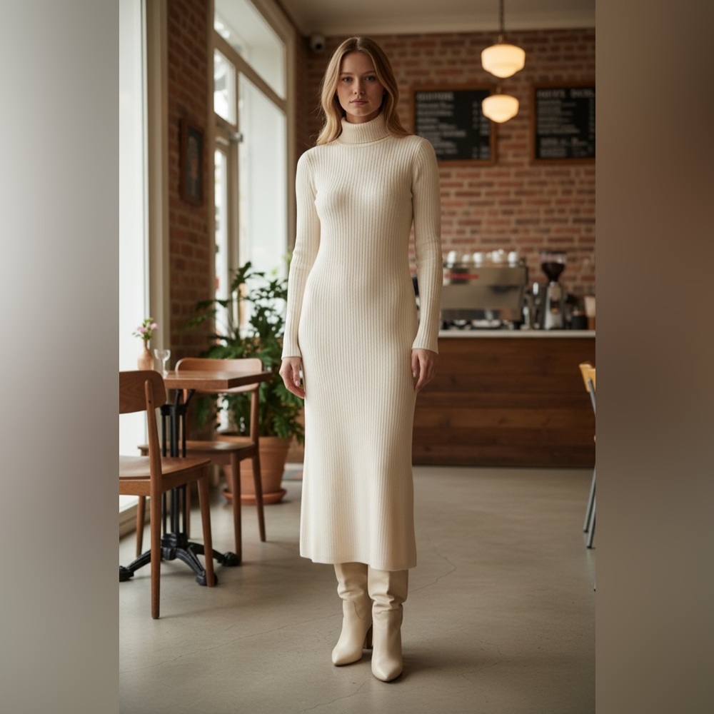 Mango Cream Long Sleeve Knit Dress Wool Blend New with tags